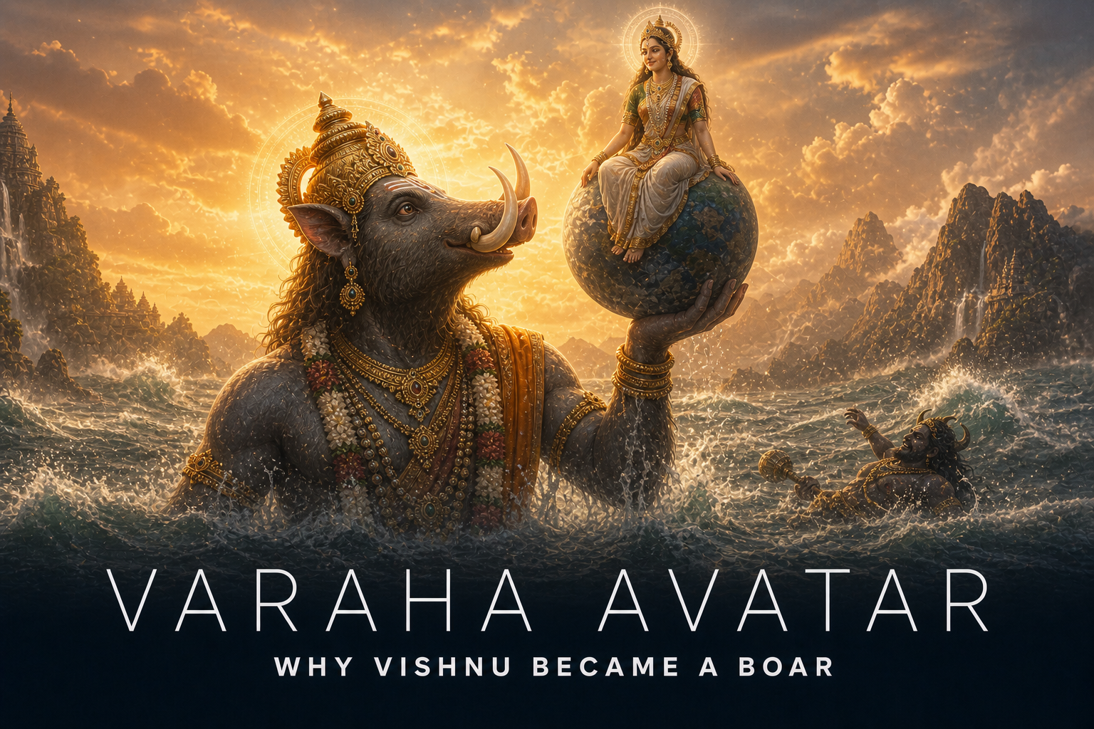 Bhagwan Vishnu as Varaha lifting Bhudevi and Earth from the cosmic ocean after defeating Hiranyaksha.