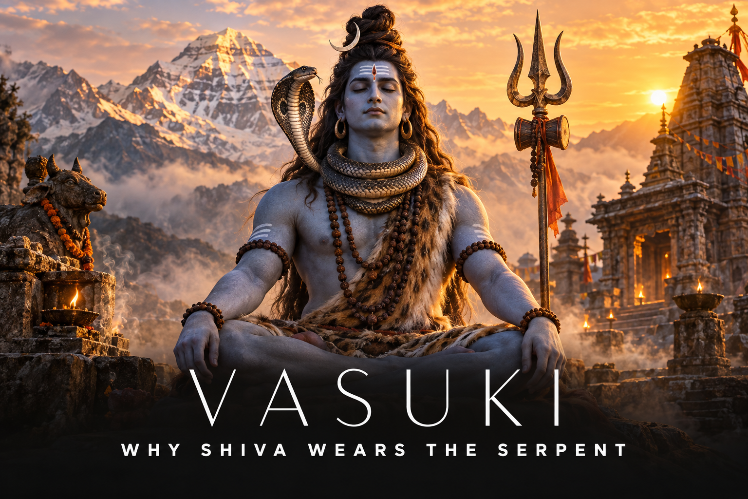 Bhagwan Shiva meditating at Mount Kailash with Nagaraja Vasuki coiled three times around his neck beside his trishul.