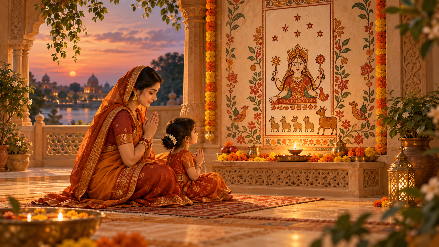 Mother and child praying before an Ahoi Mata wall painting at twilight