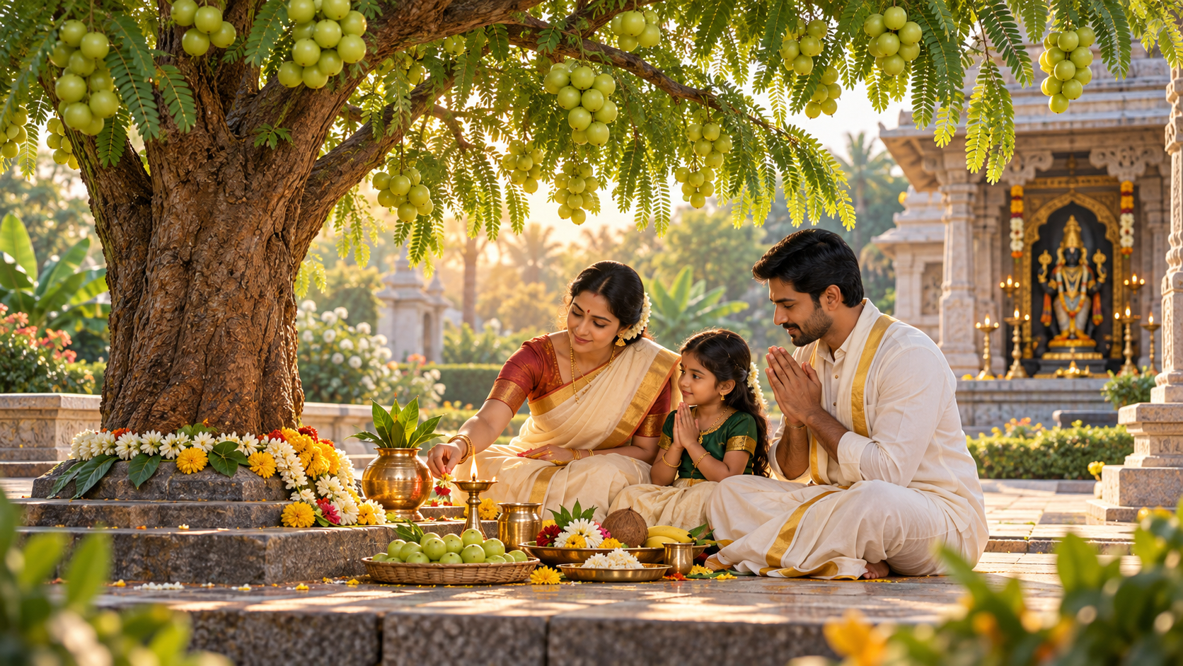 Family performing amla tree puja on Akshaya Navami 2026