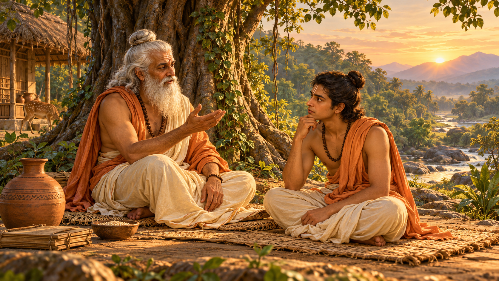 Artistic illustration of Bhrigu learning from his father and teacher Varuna at a forest hermitage