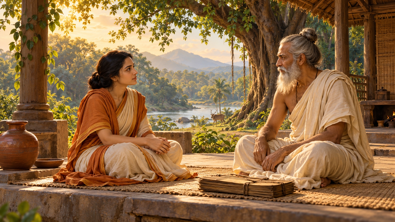 Artistic illustration of Maitreyi and sage Yajnavalkya discussing the Self at a forest hermitage