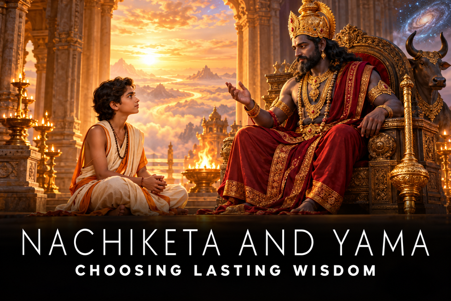 Nachiketa receiving wisdom from Yama