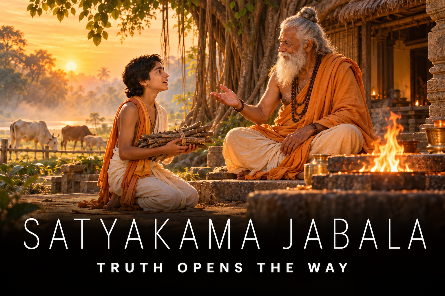 Satyakama Jabala learning from sage Gautama beneath a banyan tree