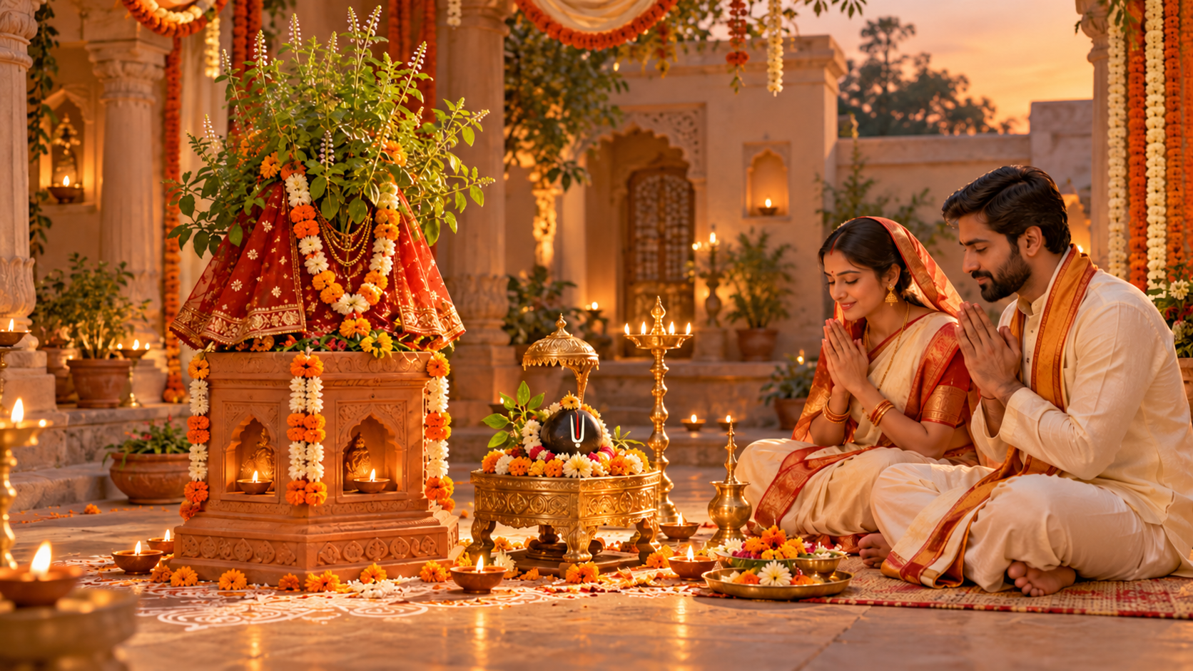 Couple praying beside a decorated Tulsi plant and Shaligram for Tulsi Vivah