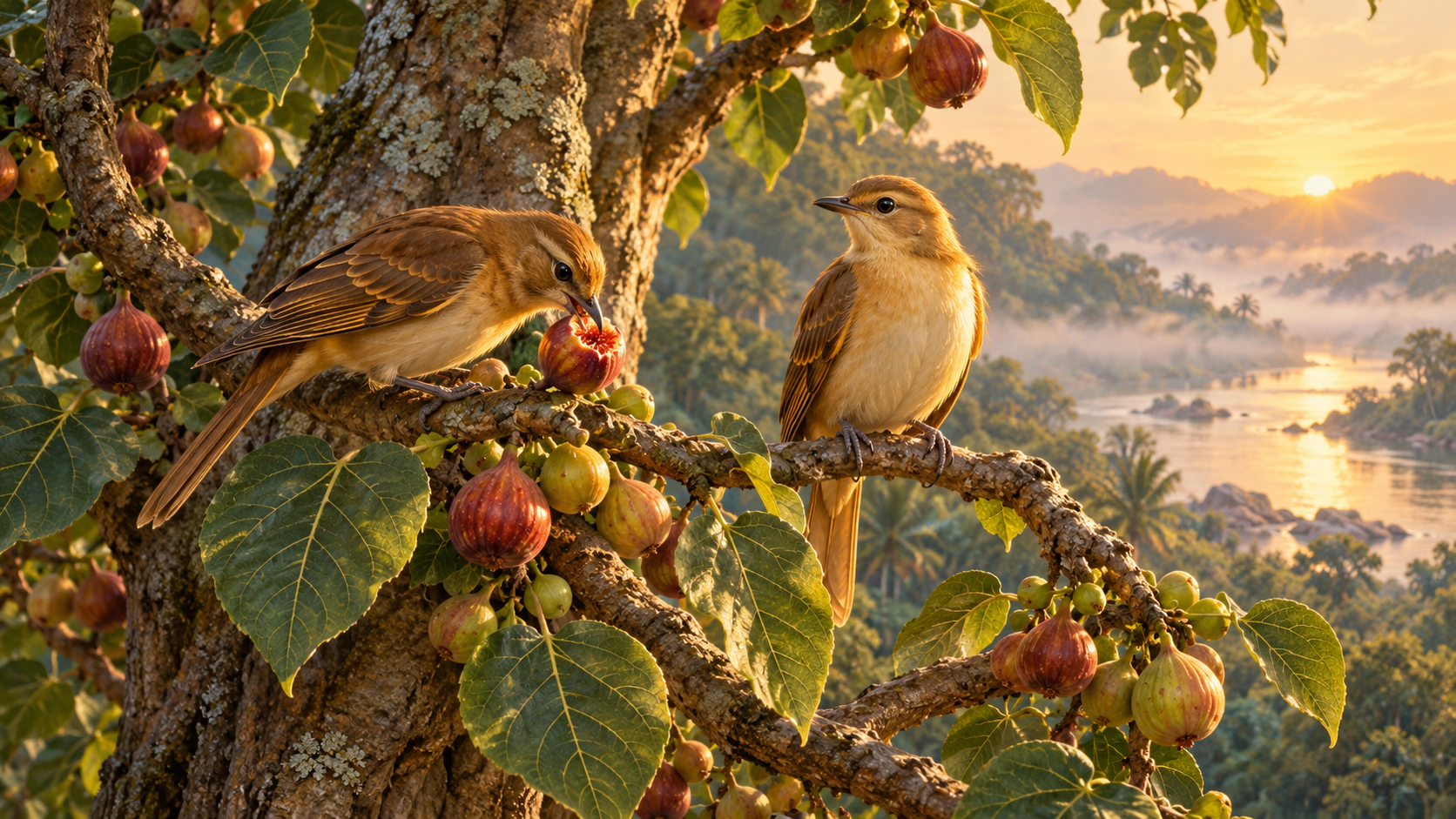 Artistic illustration of two birds on one fig tree, one eating fruit and the other watching, inspired by the Mundaka Upanishad